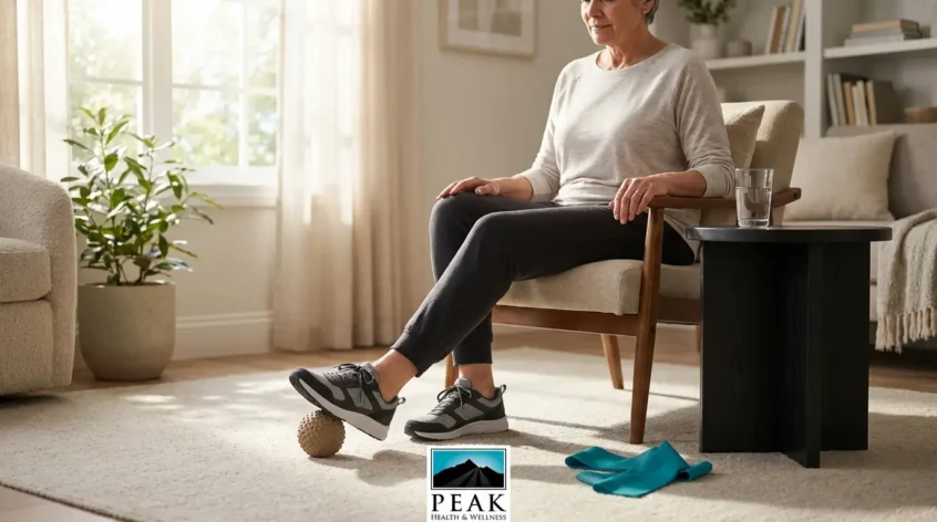 Hyphenated file name (Prompt 1): diabetic-neuropathy-pain-without-daily-pills-hero.jpg Alt text (Prompt 1): Adult seated at home doing gentle ankle and foot mobility exercises with a foot roller nearby, illustrating non-pill options for diabetic neuropathy pain relief