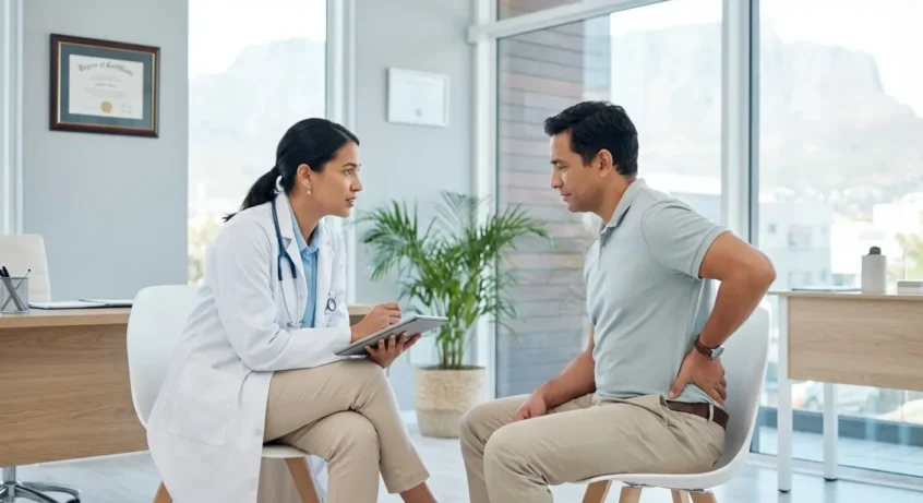Pain management doctor consulting with a patient about chronic pain treatment in a modern Northern Utah medical clinic