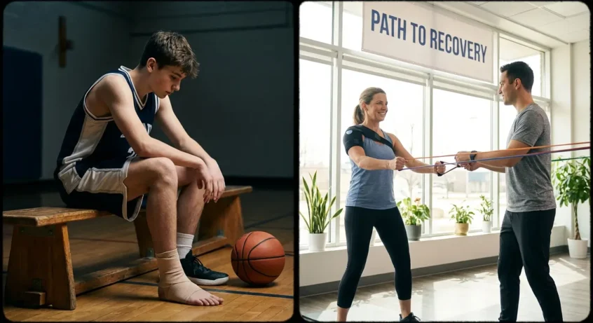 basketball player with ankle wrapped