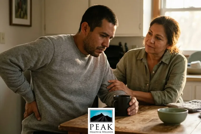 A man in a gray sweatshirt sits at a kitchen table with one hand pressed to his lower back, wincing in pain. A woman beside him rests a hand on his arm and watches him with concern.